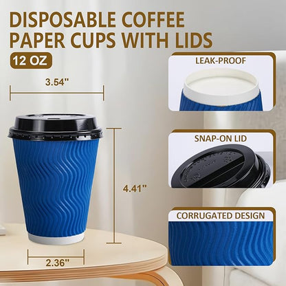 100 Pack Coffee Cups with Lids 12oz, Disposable Insulated Ripple Wall To Go Paper Coffee Cups for Hot/Cold Drinks Office Home Shop Event (Navy)
