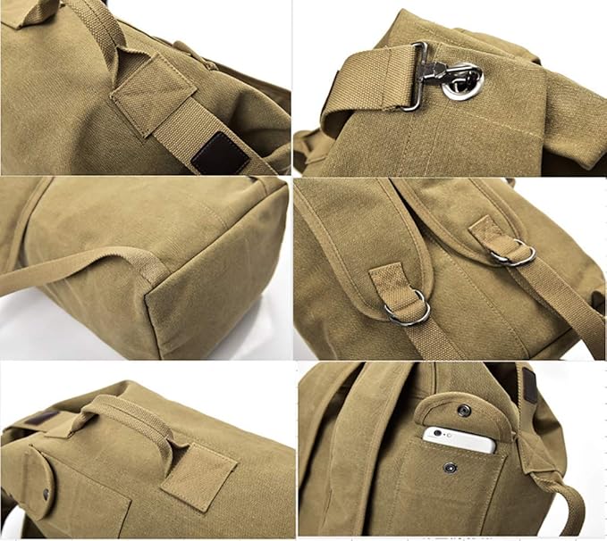 Military Duffel Bag Top Load Double Strap Canvas Backpack Army Travel (upgrade khaki big)
