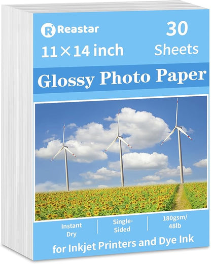 Glossy Photo Paper 11×14inches, 30 Sheets Inkjet Photo Printer Paper, Instant Dry Picture Paper for DIY Chip Bag, Flyers, Cards, Calendars and Brochures(180gsm/48lb)