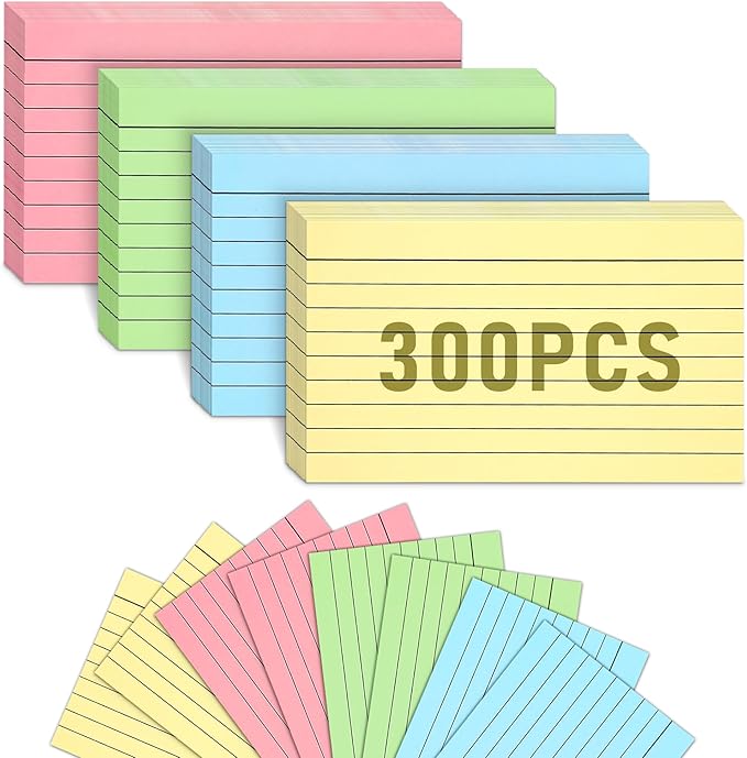 300 Count Colored Index Cards, 3x5 Inches Flash Cards with Ring, Lined Notecards Ruled Study Card Flashcards Heavy Note Cards for Studying, Learning, School, College