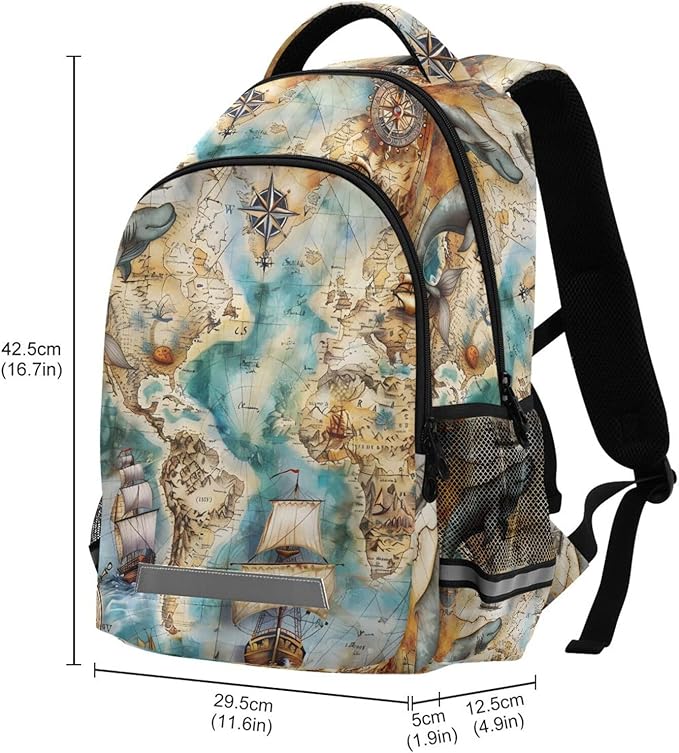 senya Travel Backpack Carry On Bookbags Sailboat Nautical Map Bagpack with Reflective Strip and Mesh Side Pockets