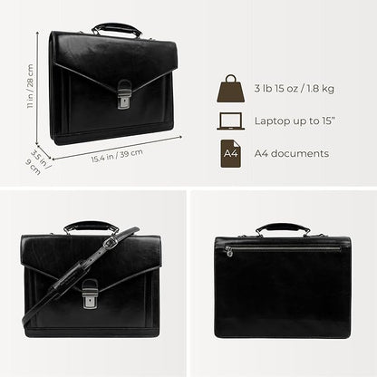 Time Resistance Leather Briefcase for Men - Business Laptop Bag - Italian Handmade Leather Bag - Attache - Gift Box Included