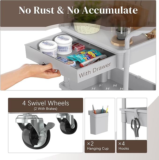 4 Tier Rolling Utility Cart with Drawer, Utility Storage Organizer with Plastic Shelf & Lockable Wheels Multifunctional Storage Cart for Kitchen, Bathroom, Office, Living Room, Gray