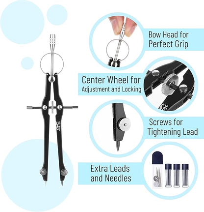 Mr. Pen- Professional Compass with Lock, Black, Compass for Geometry, Drafting Compass, Precision Compass Math, Geometry Compass, Compass Drawing, Compass with Wheel, Metal Compass Geometry