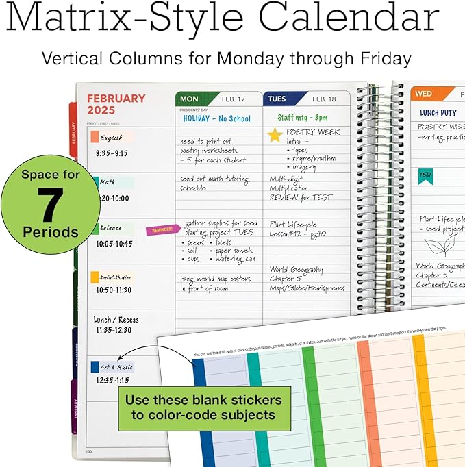 Aug 2024-Jul 2025 Deluxe Teacher Planner Notebook 8.5x11 Daily Weekly Monthly Organizers with 7 Periods, Pocket Folder, Dated Calendar, Page Tabs, Bookmark and Planning Stickers (Rainbow Gold Marble)