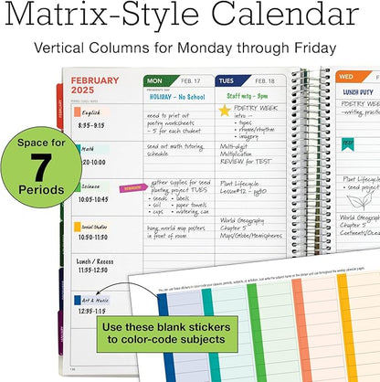 Aug 2024-Jul 2025 Deluxe Teacher Planner Notebook 8.5x11 Daily Weekly Monthly Organizers with 7 Periods, Pocket Folder, Dated Calendar, Page Tabs, Bookmark and Planning Stickers (Tree Seasons)