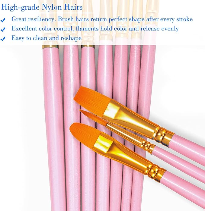 BOSOBO Paint Brushes Set, 10 Pieces Round Pointed Tip Paintbrushes Nylon Hair Artist Acrylic Paint Brushes for Acrylic Oil Watercolor, Face Nail Body Art, Miniature Detailing & Rock Painting, Pink