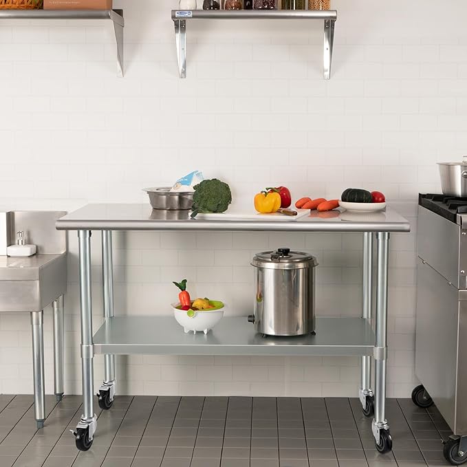HARDURA Stainless Steel Table with Wheels 24 x 60 Inches Casters NSF Heavy Duty Commercial Work & Prep Table with Undershelf and Galvanized Legs for Restaurant Kitchen Bar and Hotel Garage
