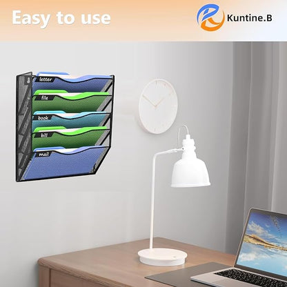 Kuntine.B 5 Pockets Wall File Holder Organizer Office Hanging Magazine Rack Wall File Organizer for Office Home, Black