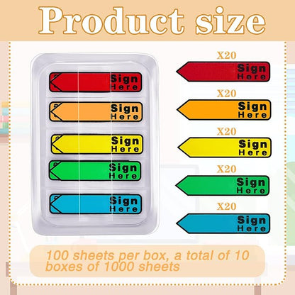 Colarr 10 Pack 1000 Pieces Sign Here Date Tabs Sign Here Date Stickers Flags Please Message Flags for Office Notebook Annotating Books Notary Books(Multicolor,Cute)
