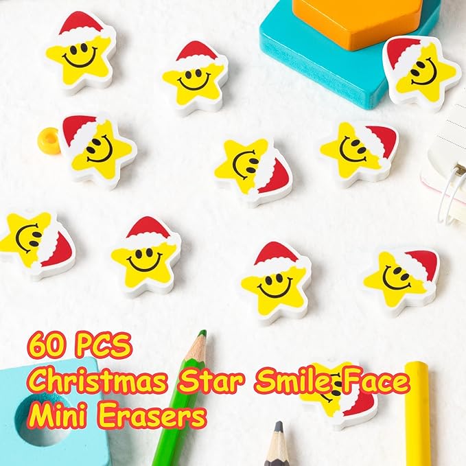 Christmas Winter Pencil Erasers - 60pcs Xmas Mini Erasers bulks Holiday Rubber Smiley Face Winter Christmas Party Favors School Rewards Cute Star Cartoon Rubber Eraser New Year holidays Gift