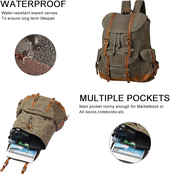 Backpack for Men Heavy Duty Waxed Canvas Vintage Women Trim Casual 15.6" laptop Travel Backpack-Olive green