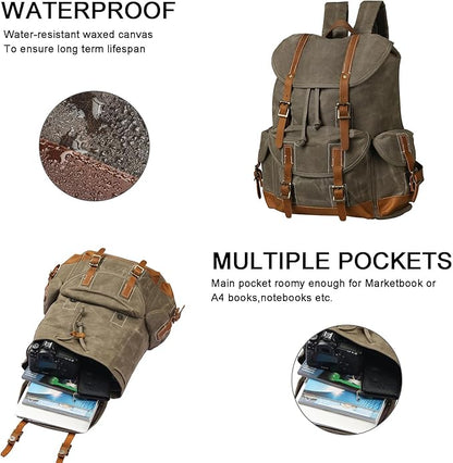Backpack for Men Heavy Duty Waxed Canvas Vintage Women Trim Casual 15.6" laptop Travel Backpack-Olive green