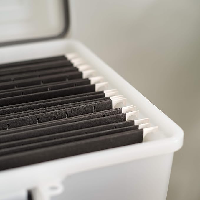 IRIS USA File Box WeatherPro Portable File Organizer Plastic File Box for Letter File w/ Organizer-Lid, Durable Lid and Seal w/ Secure Latching Buckles, Stackable and Nestable, Pearl 19 Qt. 1 Pack