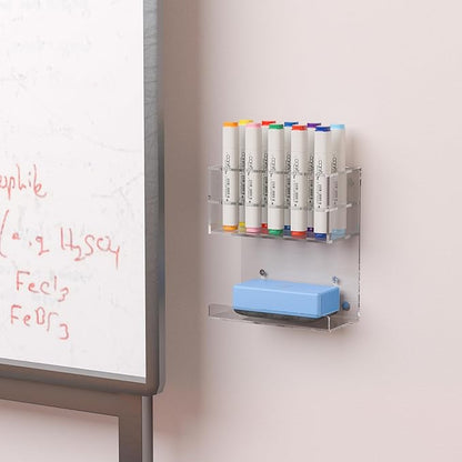 Acrylic Clear Magnetic Whiteboard Marker Holder,Wall Mounted Dry Erase Whiteboard Marker Holder Stand with 10 Marker Solts and Eraser Holder for School Office Home(Clear, 1)