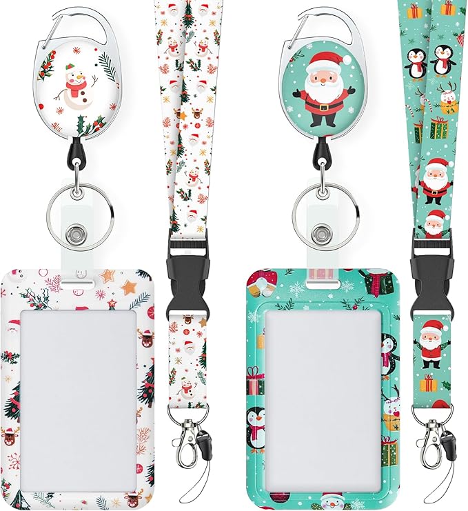 Uniclife 2 Pack Christmas Sliding Badge Holder Hard ID Card Holder with Cartoon Santa Claus & Snowman Patterns Vertical Card Protector with Retractable Badge Reel Carabiner & Detachable Lanyard Strap
