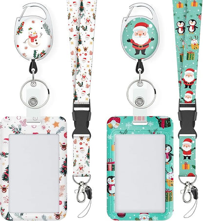 Uniclife 2 Pack Christmas Sliding Badge Holder Hard ID Card Holder with Cartoon Santa Claus & Snowman Patterns Vertical Card Protector with Retractable Badge Reel Carabiner & Detachable Lanyard Strap