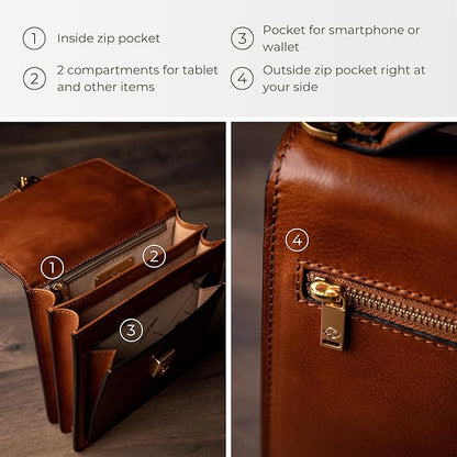 Time Resistance Small Leather Briefcase for Men - Crossbody Bag - Italian Leather Messenger Bag - Gift Box Included