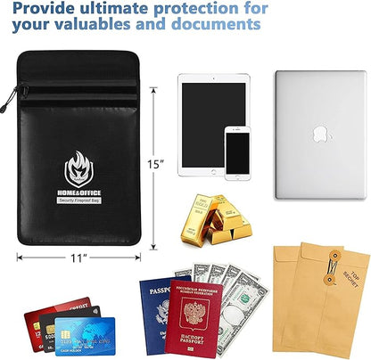 Upgraded Two Pockets Fireproof Document Bag (2000℉), andyer 15”x 11”Waterproof Fireproof Money Bag with Zipper, Waterproof Holder Pouch Fire Safe Envelope for Valuables, Legal Documents (Jet Black)