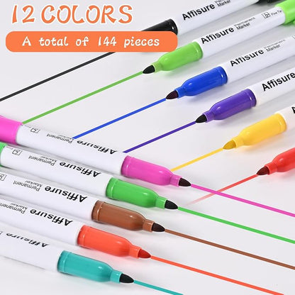 12 Colors Permanent Markers， 144 Pack Permanent Markers, Assorted Colors Marker，Fine Point， Permanent Markers Bulk, Fast Dry, Waterproof, work on Plastic, Glass, Metal, Wood and Stone