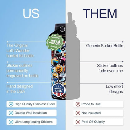 LET'S WANDER Original Lets Wander National Parks Water Bottle with Waterproof Stickers - 32oz Leakproof Insulated Stainless Steel with Straw - Parks of the USA Bucket List Bottle [BLACK]
