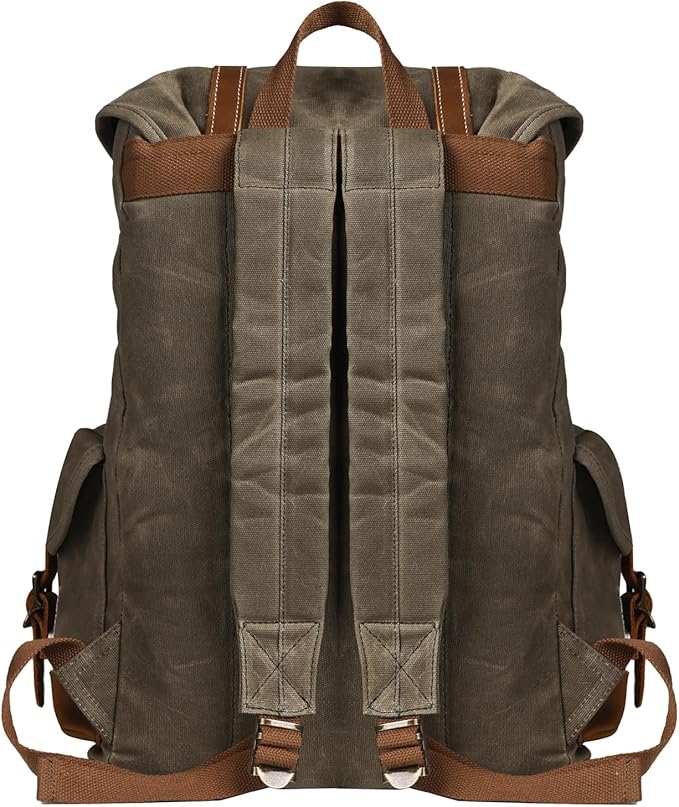 Backpack for Men Heavy Duty Waxed Canvas Vintage Women Trim Casual 15.6" laptop Travel Backpack-Olive green