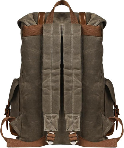 Backpack for Men Heavy Duty Waxed Canvas Vintage Women Trim Casual 15.6" laptop Travel Backpack-Olive green