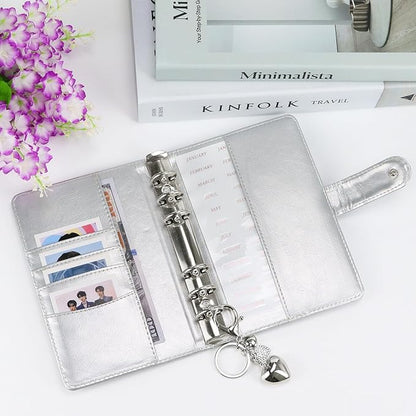 A6 PU Leather Cotton-Padded Binder 6-Ring Notebook Binder Cover with Silver Keychain for A6 Filler Paper, Refillable A6 Personal Planner Budget Binder with Magnetic Buckle Closure