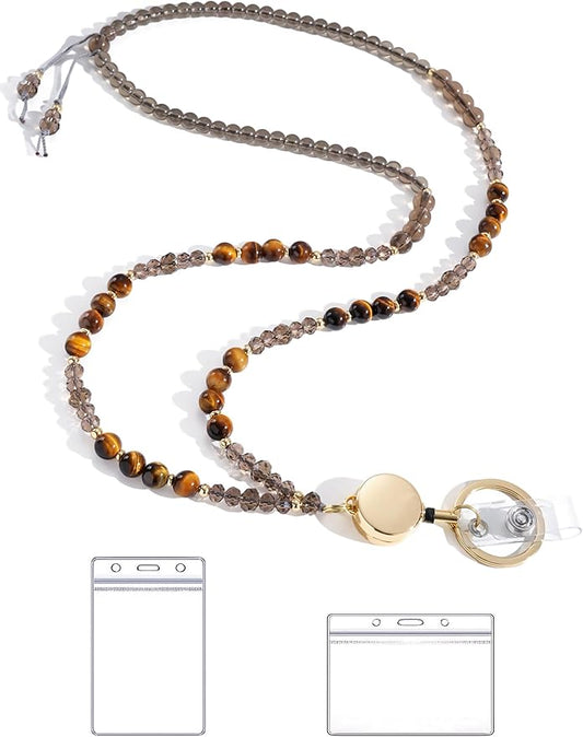 Lanyards for ID Badges and Keys,Natural Stone Beaded Teacher Lanyard for Women,Retractable Lanyard with ID Holder Cute Lanyards for Teachers（Brown）