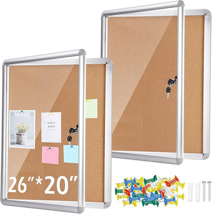2 Pieces Enclosed Bulletin Board 26 x 20 Inch Lockable Notice Board Case Aluminum Framed Waterproof Noticeboards Cabinet with Mounting Screws for Office School Classroom Wall Display