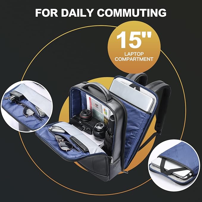 BOPai Genuine Leather Backpack for Men Multifunctional 15.6 inch Laptop Executive Business Travel Friendly Intelligent High Tech Rucksack USB Professional Anti Theft Large Capacity Classic Black