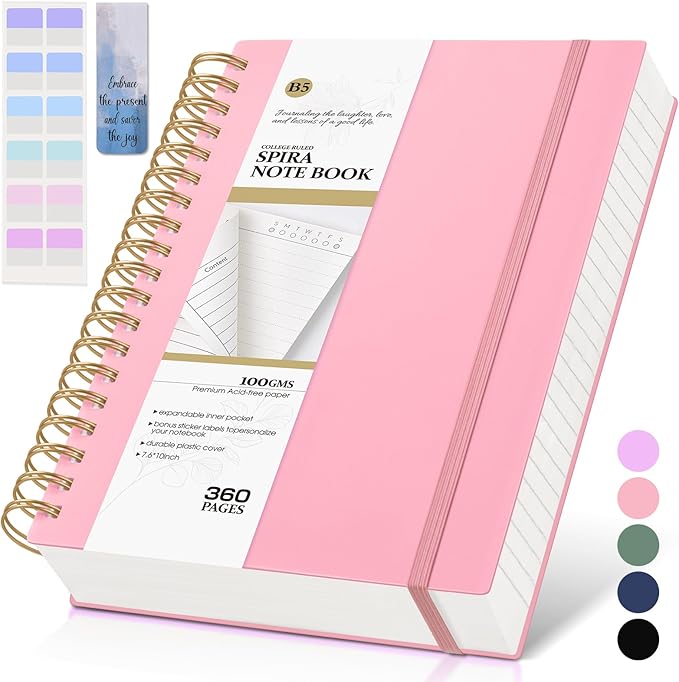 Pink Spiral Notebook Journal, 360 Pages College Ruled Notebooks, Lined Thick Journals for Women Men,B5 Big Spiral Notebooks with 100GSM Paper, Spiral Bound Journal for Writing Work School 7.6"×10"