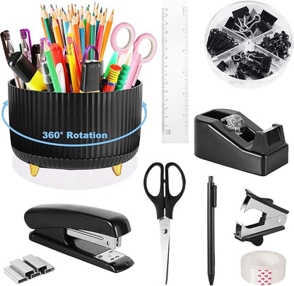 Black Desk Organizers and Accessories 10Pcs Set with 360-Degree Rotating Pen Holder, Tape Dispenser, Stapler, Staple Remover, 1000 Staples, Tape, Clips Set, Ruler, Scissor, Pen