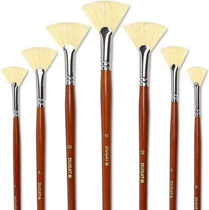 DUGATO Artist Fan Paint Brush Set of 7, White Hog Bristle Natural Hair Anti-Shedding Brush Tips, Long Wooden Handle for Comfortable Holding, Great for Acrylic Watercolor Oil Painting