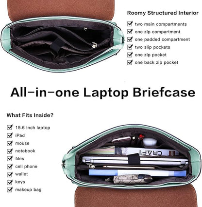 Laptop Briefcase for Women,15.6 Inch Work Tote Bag Trendy Computer Bag Business Satchel Purse with Professional Protection Padded Compartment for Work Travel,Mint