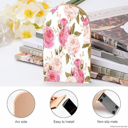 2 Pack Wood Bookends, Pink Floral Flower Rose Non-Skid Book Ends for Heave Books, Decorative Bookends for Shelves Desk, Book Stoppers Book Holders for Home Office Library School