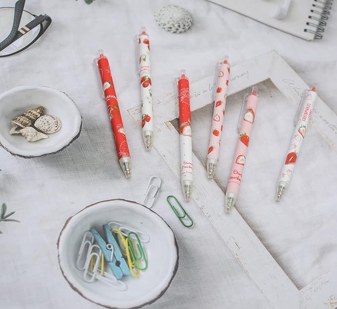 YYaaloa 12pcs Cute Strawberry Pens Black Gel Ink Pens Retractable 0.5mm Gel Pens Nice Gifts Fun Pens for Kids Girls Boys Christmas Gifts