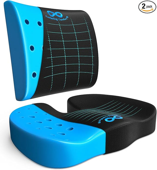 Everlasting Comfort Gel Infused Lumbar Support Pillow & Seat Cushion for Car Combo - Car Seat Cushions for Driving, Work - Ergonomically Designed to Target Sciatica Pain, Back Pain, Tailbone Pain
