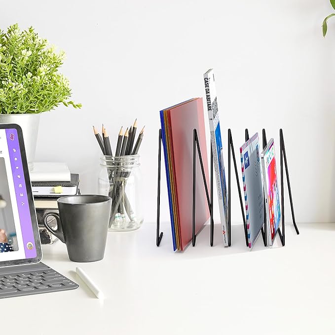 2 Pcs Triangle Desk File Organizer, 7 Slots Desktop Magazine Holder File Sorter,Metal Documents Rack Bookshelf Organizer for Office School Home, Black
