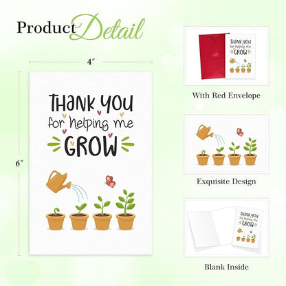 FaCraft Teacher Appreciation Cards, Thank You Cards with Envelopes, 4 x 6, Thank You for Helping Me Grow, for Preschool Kindergarten Teacher Gift Card from Kids Students Daycare (Plant)
