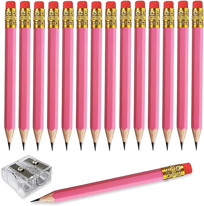 Adhere 25pcs Golf Pencils with eraser Hexagon Wooden Pencils Graphite 2B for Golf Event Scoring,Classroom,Wedding,Company Meetings,Pew, Pocket (Pink)