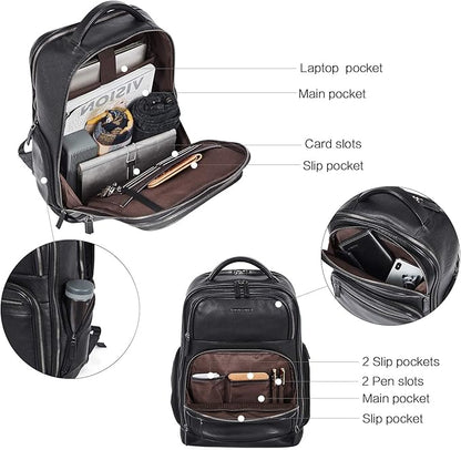 BOSTANTEN Leather Backpacks College 15.6” Laptop Travel Computer Shoulder Backpack For Men Black
