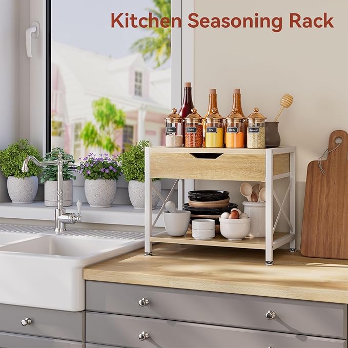 IBUYKE 2 Tier Desktop Printer Stand,Multi-Purpose Desk Organizer,Wooden Printer Stand with Drawer Storage for Folders,Books,for Fax Machine, Scanner,Home Office,Light Wood TLJ012R