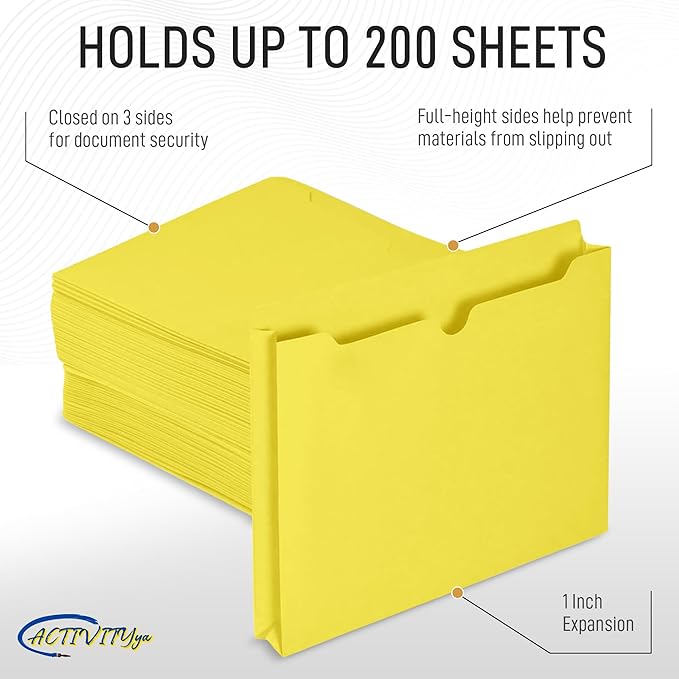 Yellow File Jackets, 1 Inch Expansion, Letter Size, Reinforced Straight-Cut Tab, 6 Pack