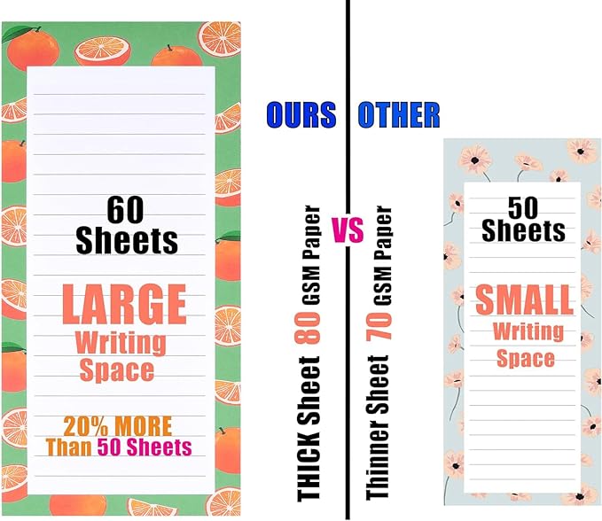 4 Large Magnetic Notepads – Shopping List, To-Do List, Reminders, Grocery List Pads -Strong Full Magnetic Back- Memo Pads with Realistic Fruit Designs | 60 Sheets per Pad 9 x 3.5 inch (4 Pack)