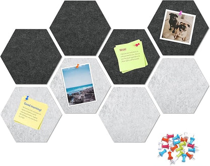 12" Large Bulletin Board with 30 Push Pins, Pack of 8 Hexagon Felt Pin Board Notice Boards for Home Office, Felt Wall Tiles for Photos Memos