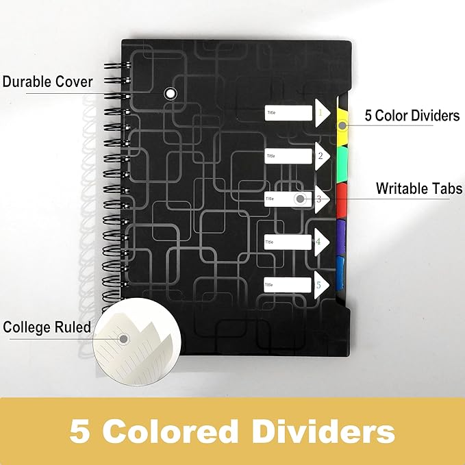 CAGIE 2 Pack Spiral Notebooks College Ruled Total 480 Pages 5 Subject Notebook with Tabs Dividers A4 Notebooks for Work Organization Note Taking School, Black& Blue, 8.5x11