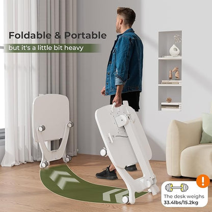 Foldable Mobile Standing Desk, 27"×21" Portable Rolling Laptop Desk with 90° Tiltable Board, Height Adjustable Mobile Desk Workstation with Wheels, Folding Desk for Home Office, White