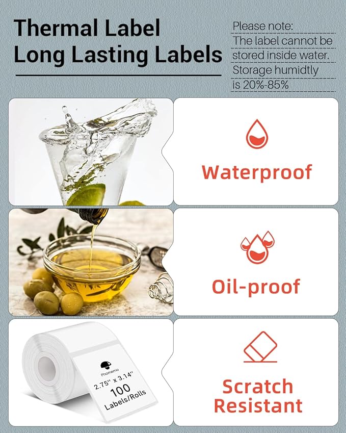 Phomemo M220 Labels-Thermal Sticker Labels 2.75''x3.14''(70x80mm) Thermal Label for M221/M220/M200, for Barcode/Address/Mailing/Logo/Business/Home Tag