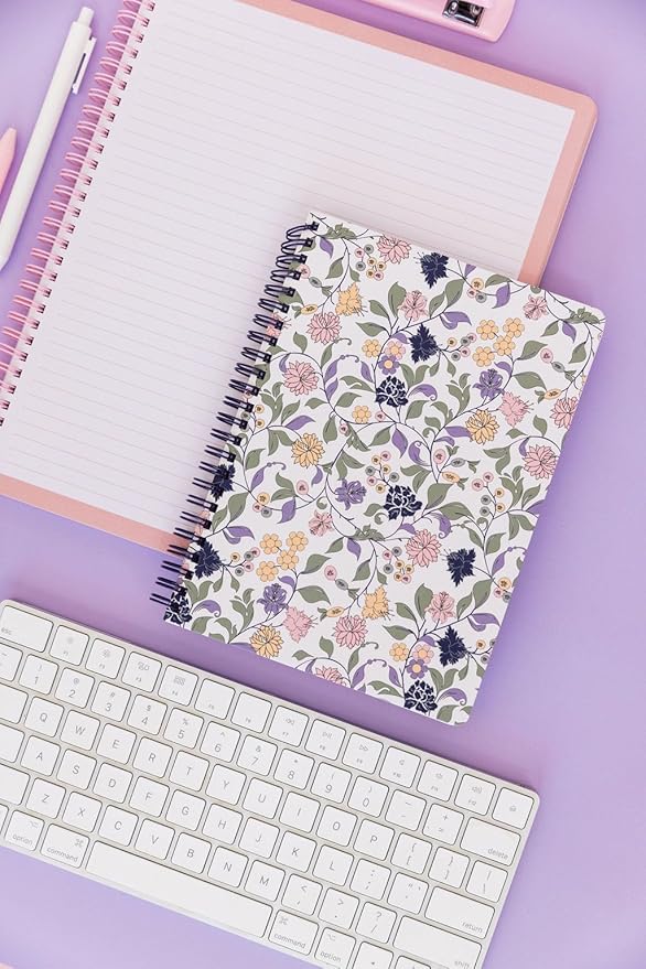 Steel Mill & Co Cute Floral Mini Spiral Notebook, 8.25" x 6.25" Journal with Durable Hardcover and 160 Lined Pages, Purple Vine Ditsy
